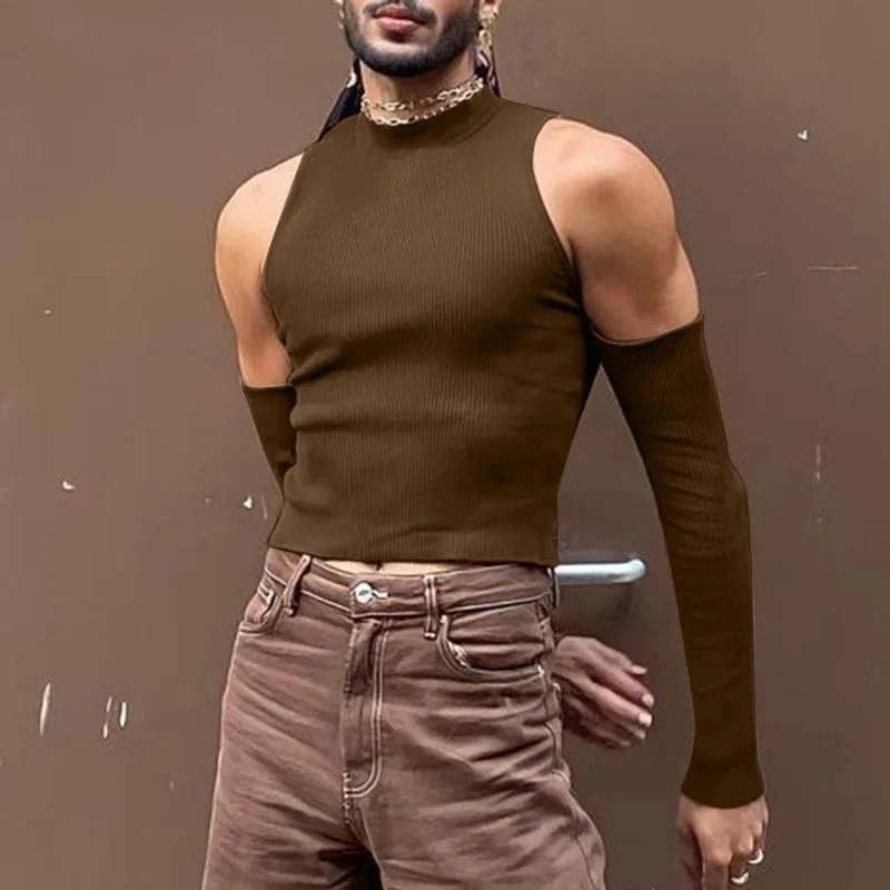 2026 New Sexy Hollow out Shoulder Long Sleeve High Collar Men's Base Shirt Casual Hollow Core Shirt Sexy T-Shirt for Youth