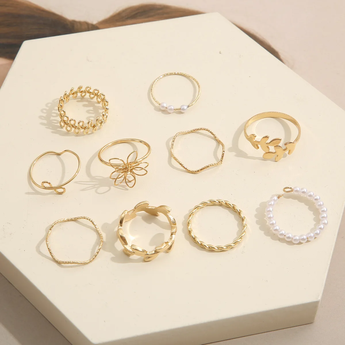 10Pcs Imitation Pearl Leaf Flower Rings Set for Women
