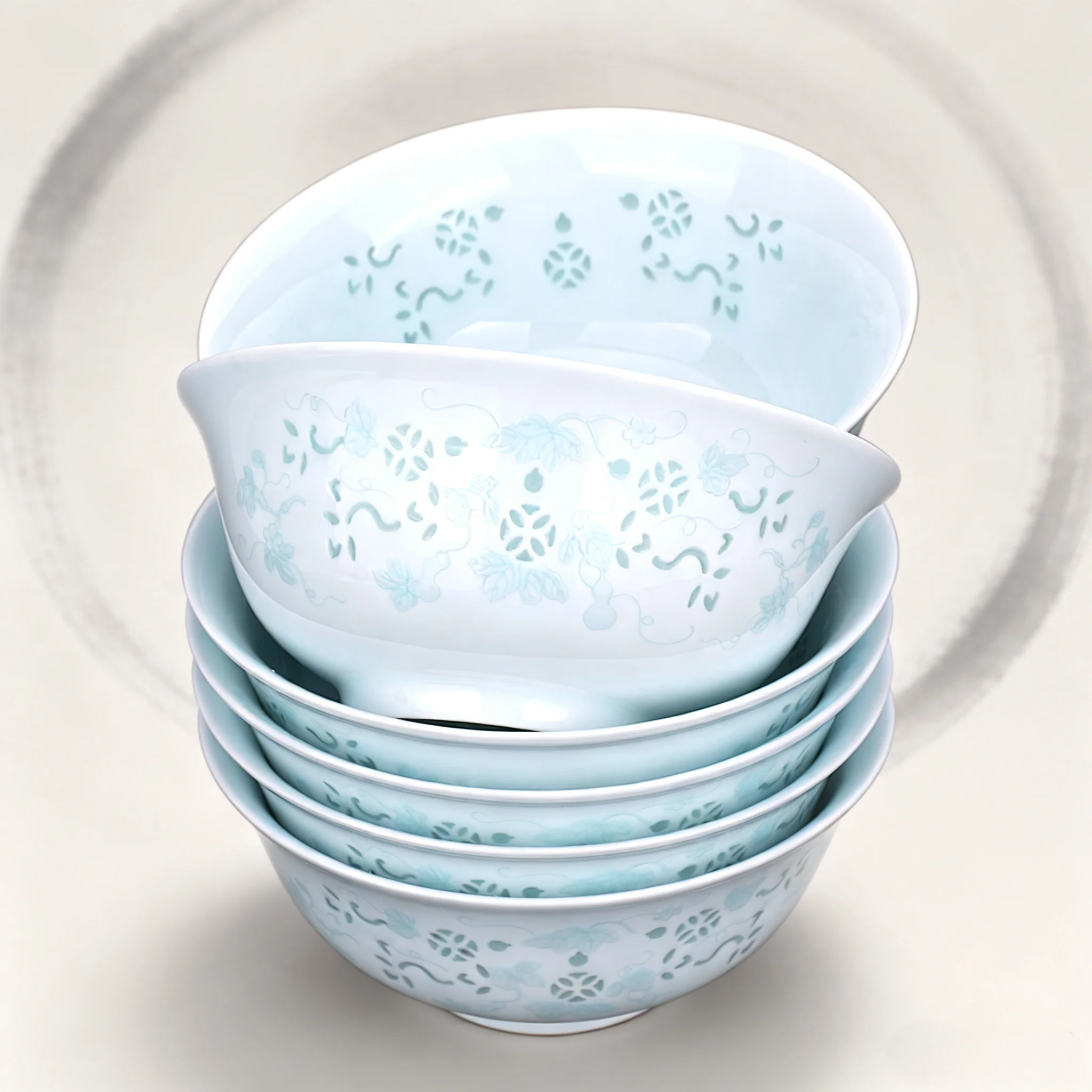 LIANHUA POTTERY Linglong Porcelain Bowl Set of 6 Celadon Glaze Gourd Relief Design Home Kitchen Dinnerware Set Housewarming Gift