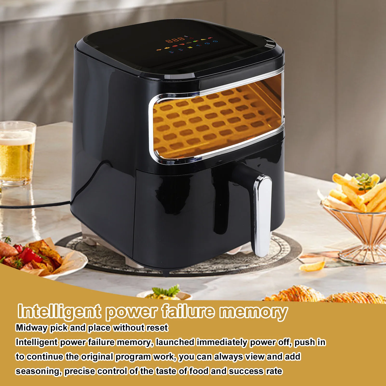 Multifunctional Oilless Fryer 10L Touch Screen Electric Deep Fryer with Visible Cooking Window for Kitchen Black
