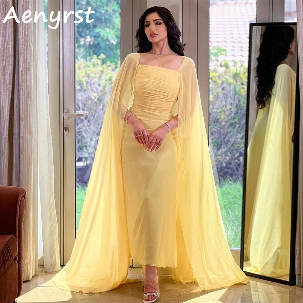 Aenyrst Gele Lange Mouwen Prom Jurken Chiffon Vierkante Kraag Saudi Arabia Avondjurken Enkellange Formele Feestjurk