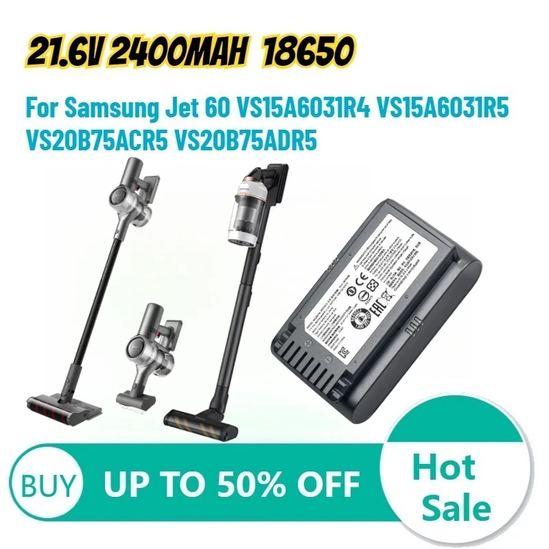 

Аккумулятор для пылесоса Samsung Jet 60 VS15A6031R4 VS15A6031R5 VS20B75ACR5 VS20B75ADR5, 21.6В 2400мАч, перезаряжаемый