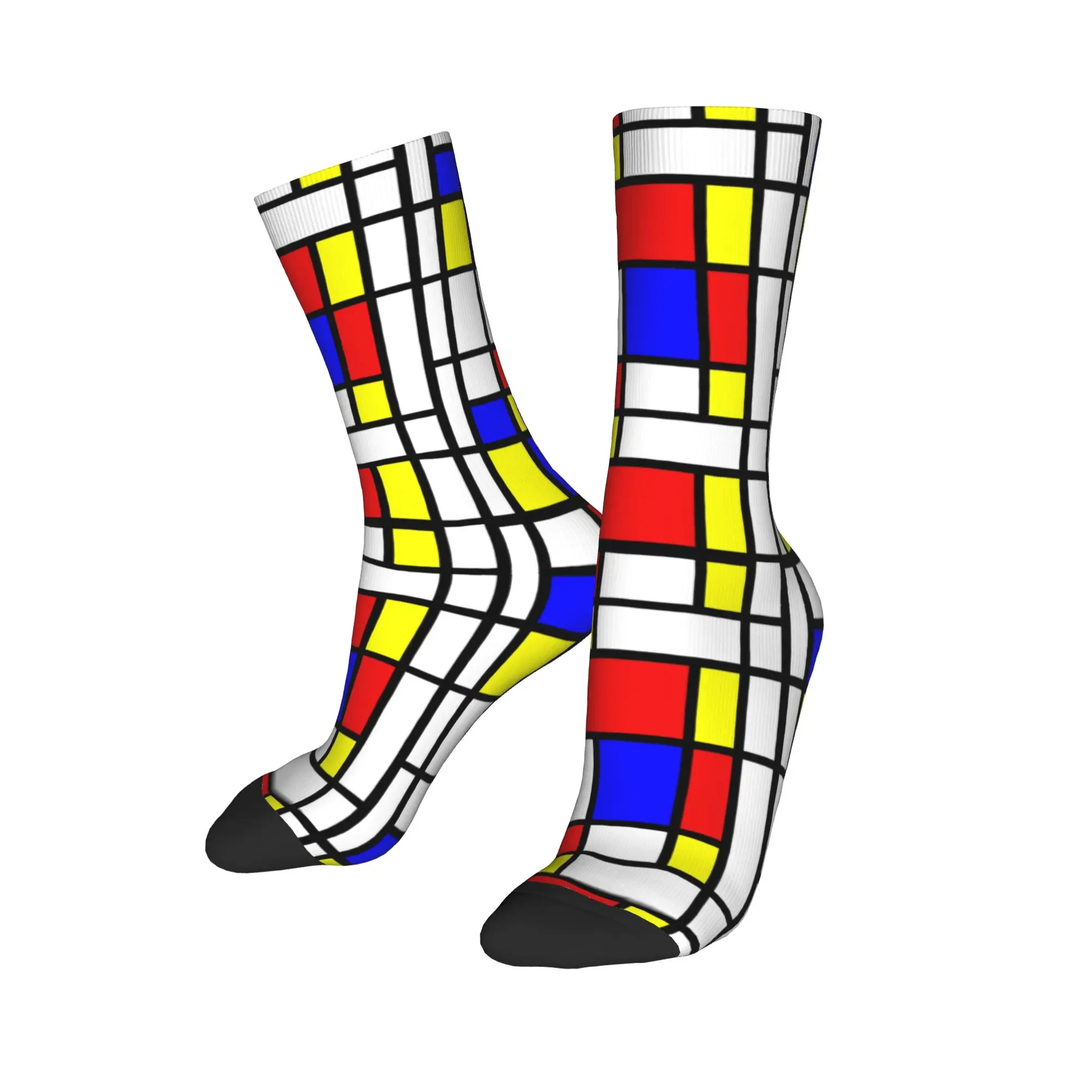 Custom Color Art Retro Mondrian Men Women Crew Socks Unisex Fashion 3D Printed Abstract Art Plaid Dress Socks