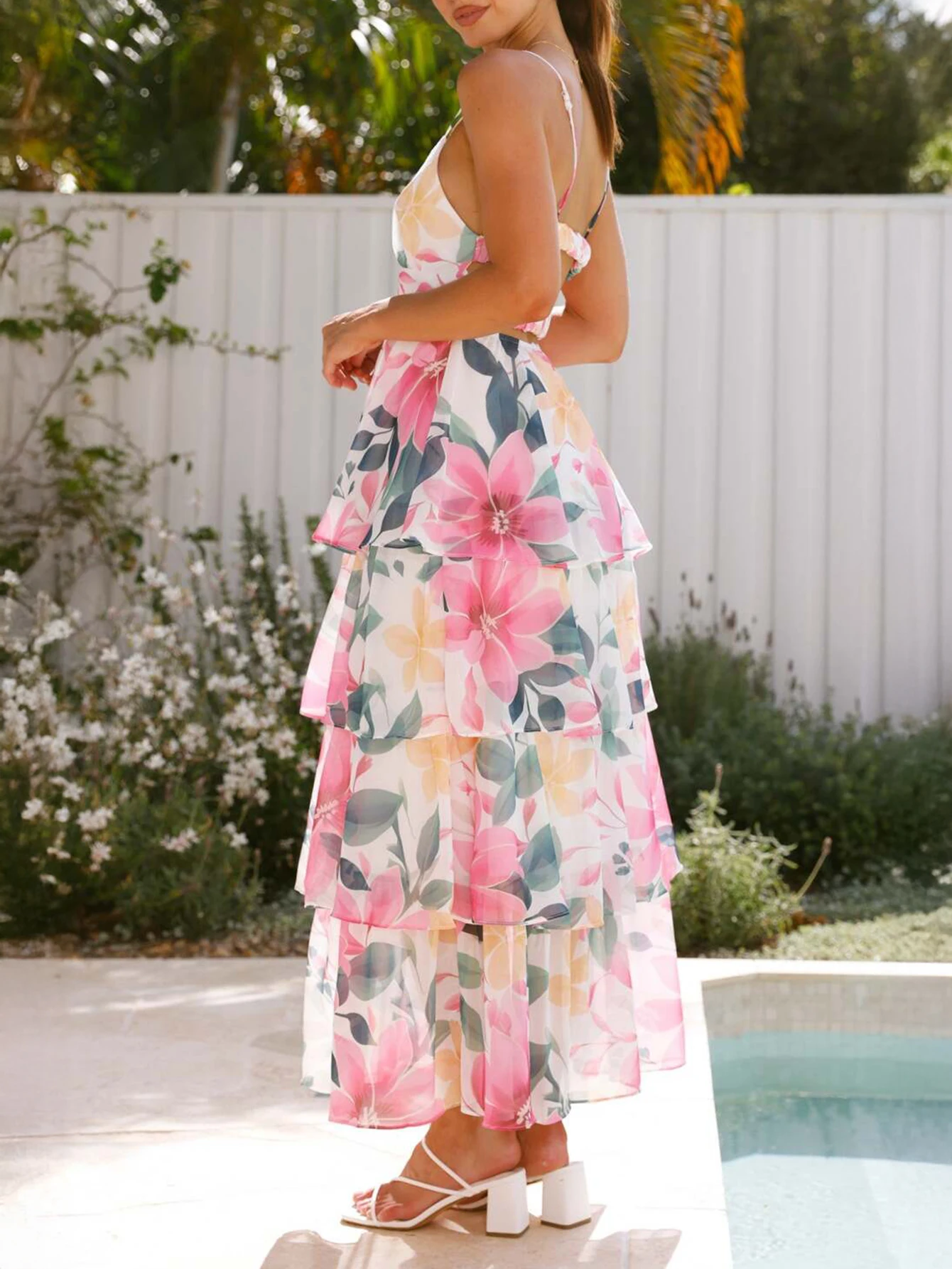 Damen Sommer Sexy Spaghettiträger Stufenkleid Niedliches Blumendruck-Abschlussballkleid Lange Boho-Strandpartykleider