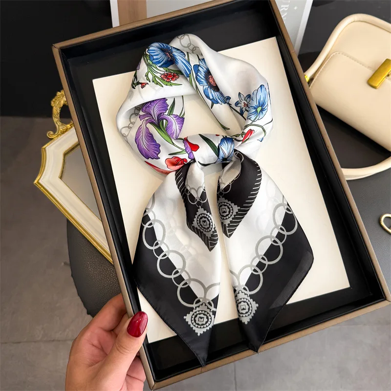 70*70cm Square New Luxury Brand Silk Scarf Women Neck Summer Beach Hair Bandana Headkerchief Shawl Wrap Hijab Echarpe