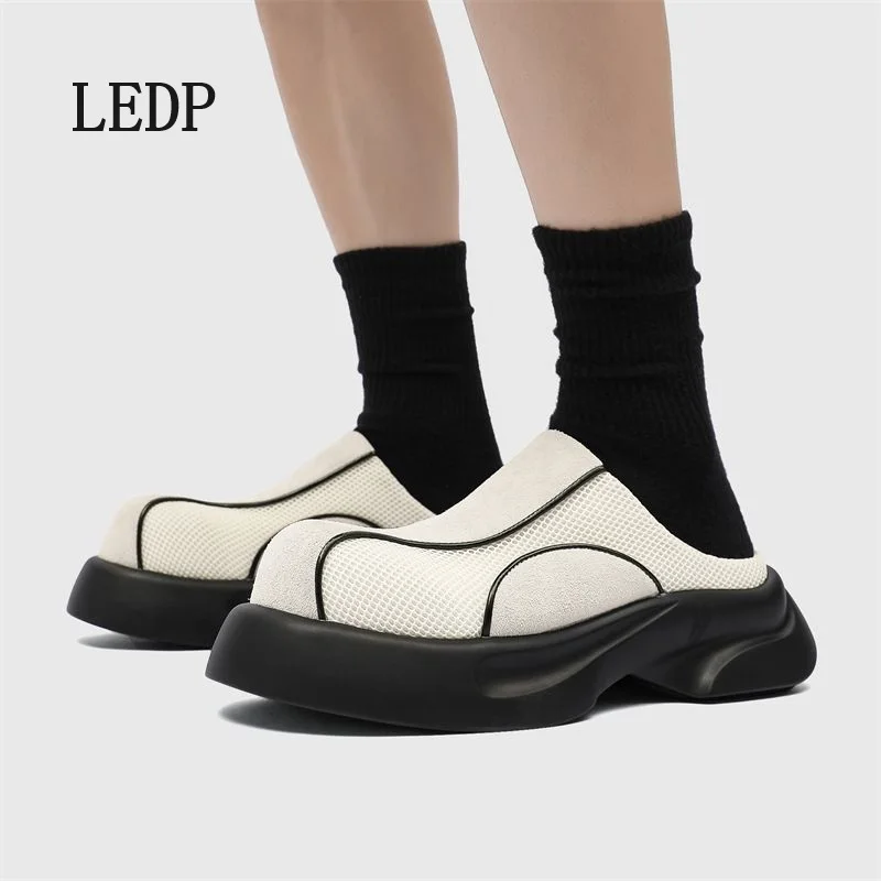 

LEDP Brand Men's Derby Baotou Slippers European Station A Slip-on Shoes Men Niche Design Thick Sole Casual Lazy Half Drag Tide