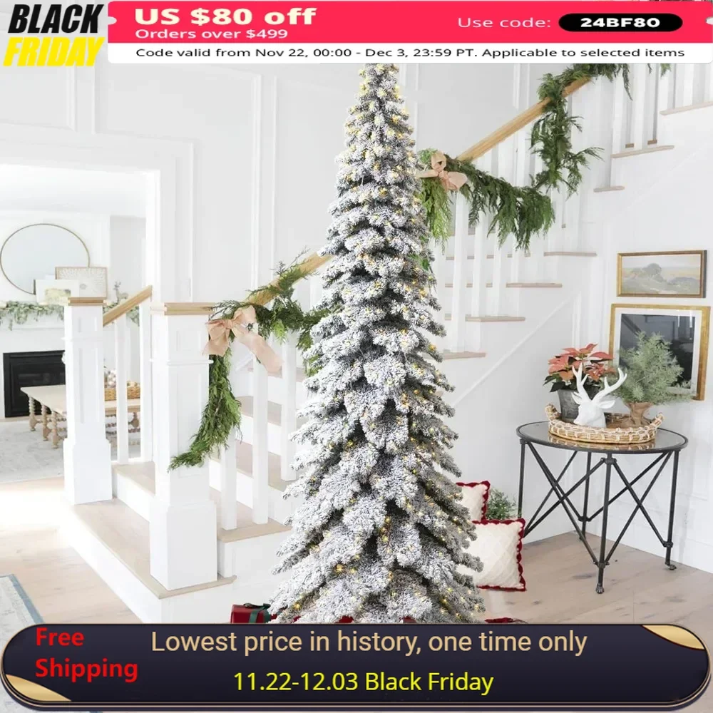 12ft Pre-Lit Artificial Christmas Tree,with900 Warm White Lights and Foldable Metal Stand,Large Flocked Layered Slim Spruce Tree