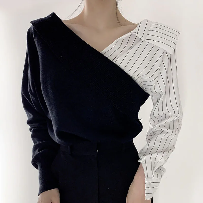 Elegancki wiosenny top z dzianiny w paski, z efektem łączenia kolorów, o luźnym kroju w stylu koreańskim, z dekoltem w serek.
