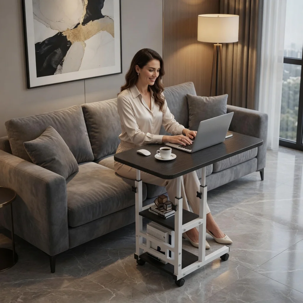 Adjustable Height Laptop Desk, Movable Computer Desk, Double-Layer Storage Compartment, Sturdy and Durable Metal Frame, Equipped with Convenient Height Adjustment Knob, Versatile Style, Suitable for Various Indoor Styles, Can Be Integrated with Various Ho
