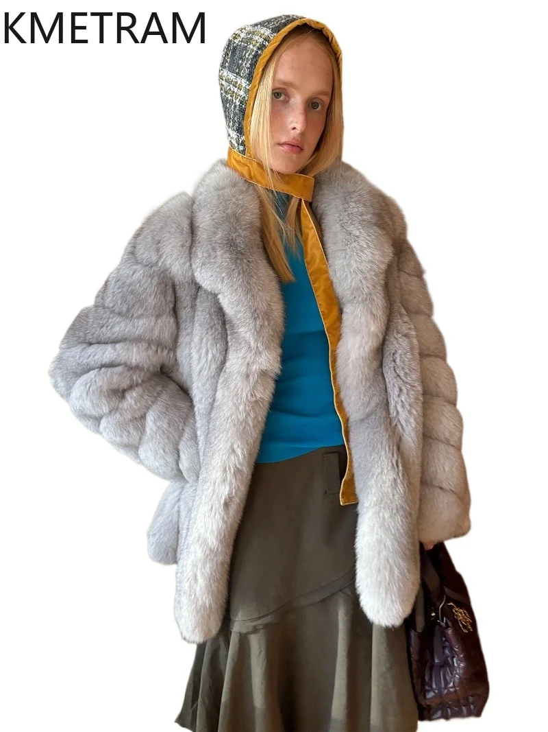 

KMETRAM Natural Fox Fur Coat Women 2026 High Quality Stand Collar Mid-length Loose Thick Fur Winter Woman Clothes Шуба Женская