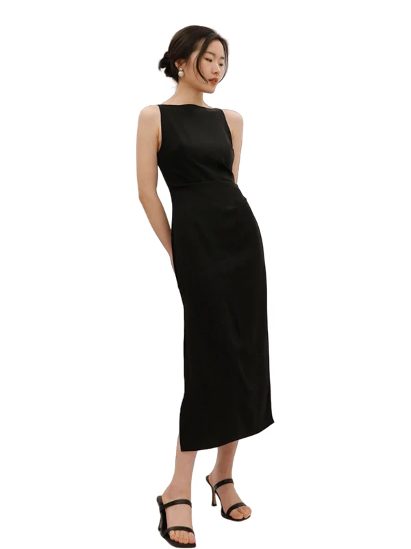 ชุดเดรสทรงเอไลน์ ผ้าโพลีเอสเตอร์ รุ่น Ele Hepburn แบบเปิดไหล่ ผ่าข้าง ความยาวปานกลาง ช่วงเอวจับจีบ ช่วยให้ดูผอมลง ปิดด้วยซิป