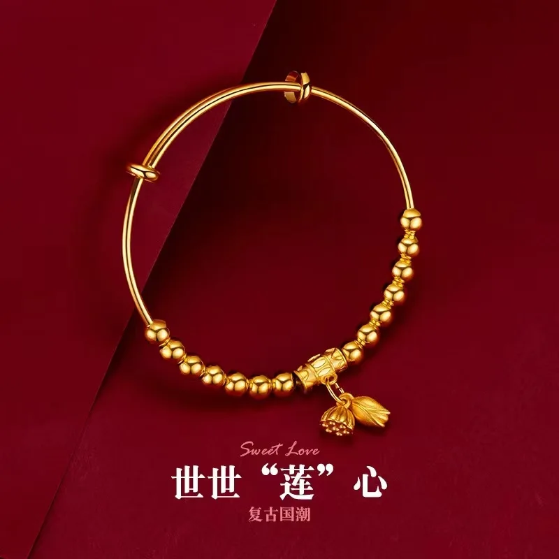 

Fashion 9999 24K real gold World "lotus" heart bracelet Classic two world Joy pendant transfer bead bracelet opening adjustable