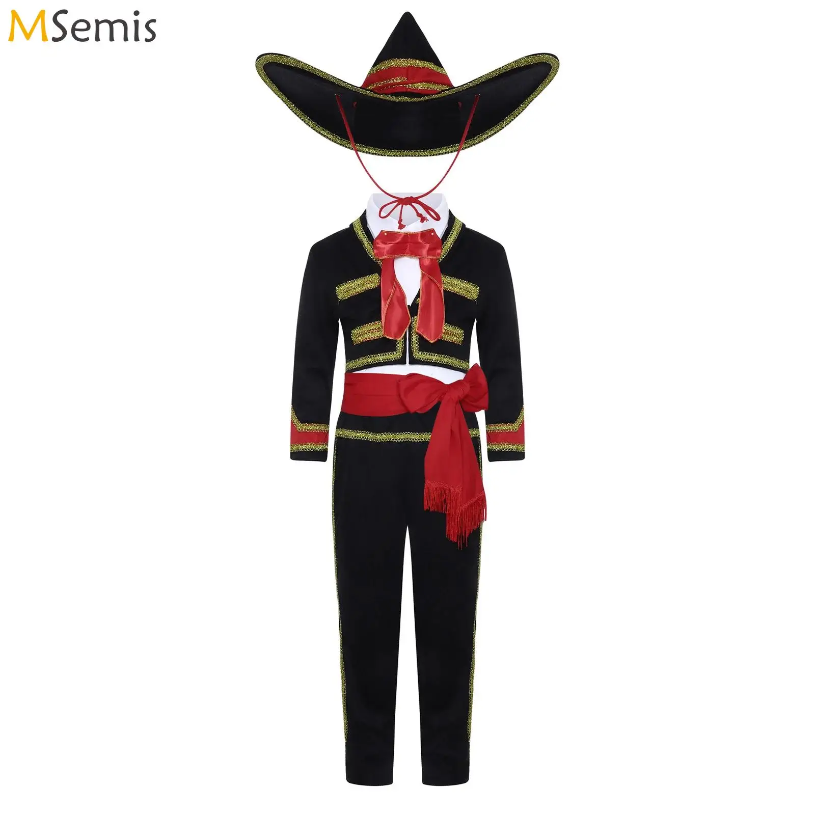 

Boy Halloween Mexican Traditional Splendid Costume Long Sleeve Gold Jacket Pants Hat Spanish Bullfighting Performance Outifits