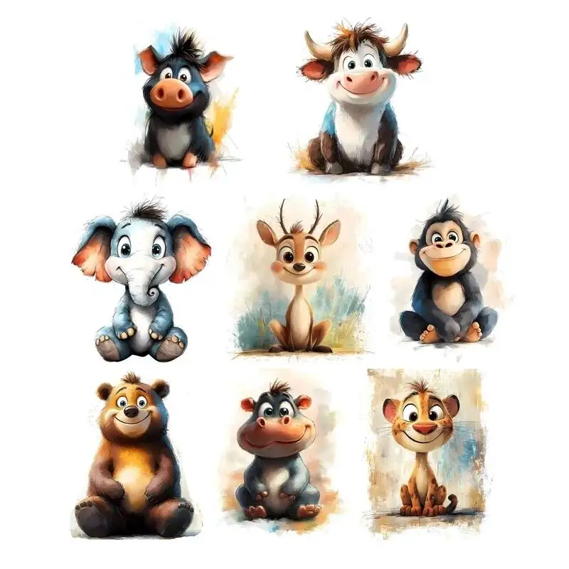 Kids Cute Elephants, cows, monkeys Iron On Heat Transfer Stickers DTF Iron On Patches For Children's Clothing Decal