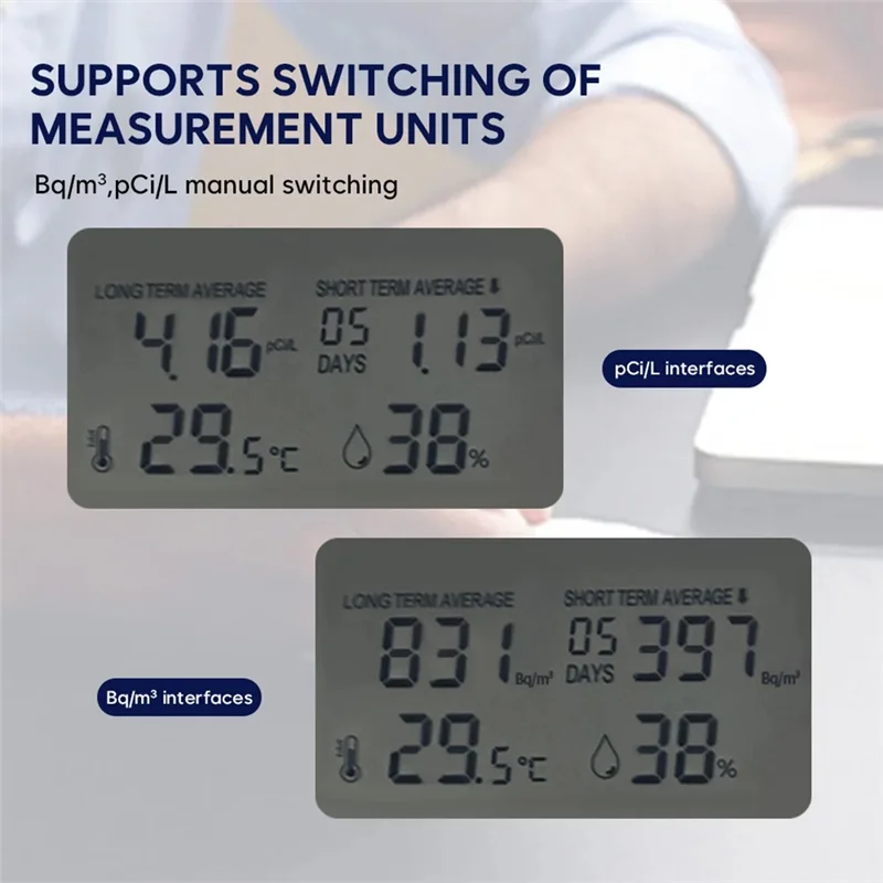 【GLAD】Radon-Gasdetektor für den Innenbereich, Mini-Radon-Luftqualitätsmonitor, Temperatur, Luftfeuchtigkeit, Dateneinstellung, Radon-Sensor-Monitor