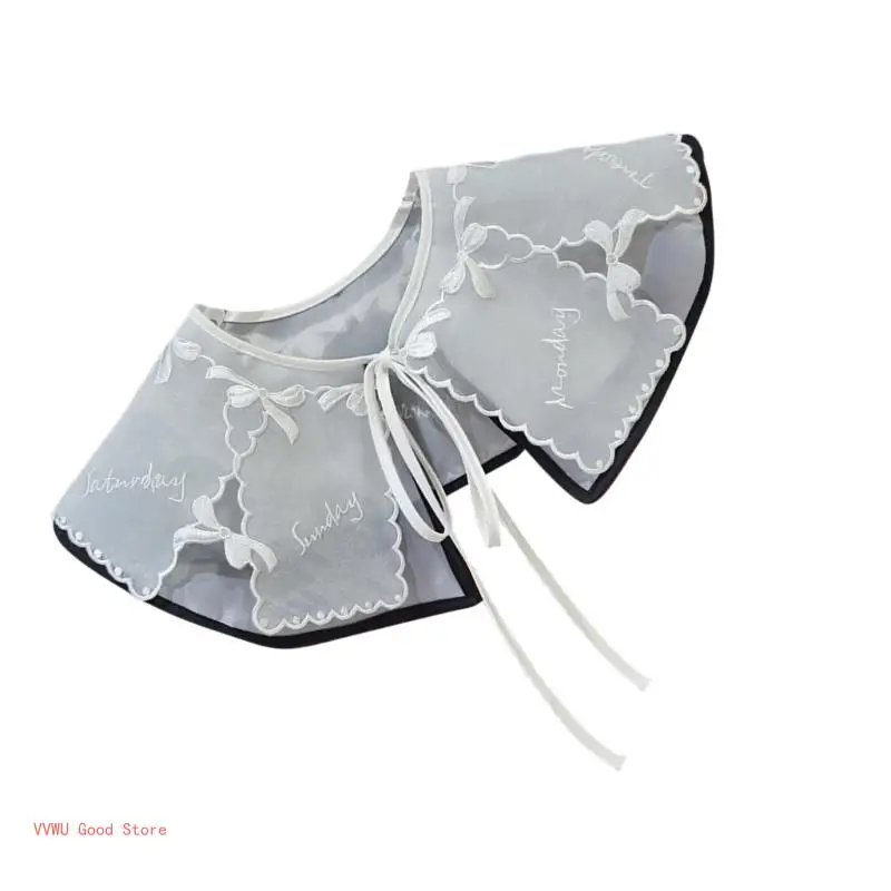 Women Elegant Organza Detachable Fake Collar Rhinestones Pearl Beading Shawl Scarf Embroidery Bowknot Bandages Capelet