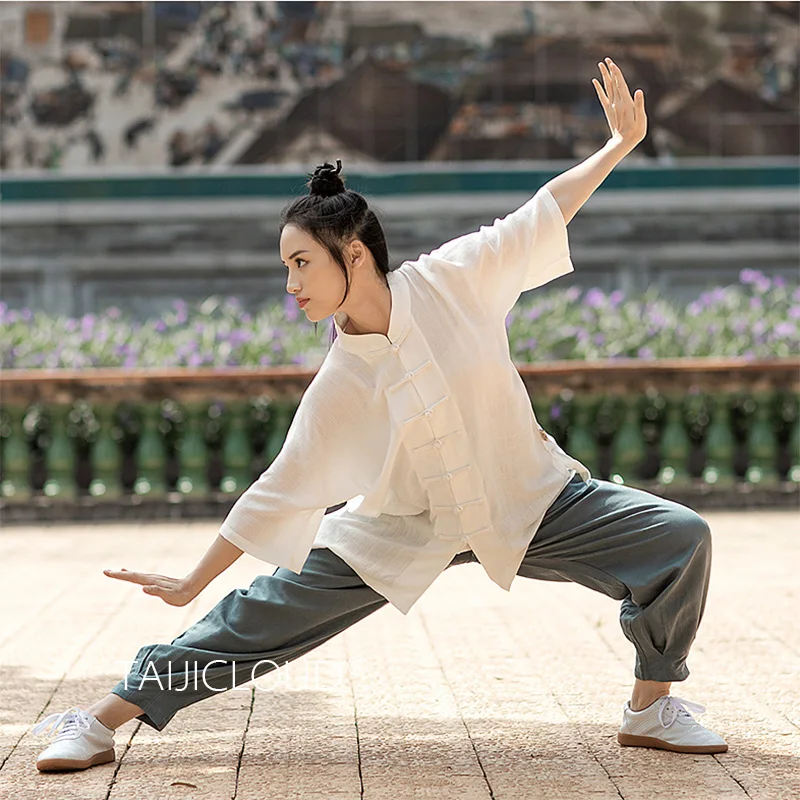 

Women's Cotton and Linen Chinese Style Tai Chi Practice Uniform, Men's Short-Sleeve Kung Fu Performance Outfit Set