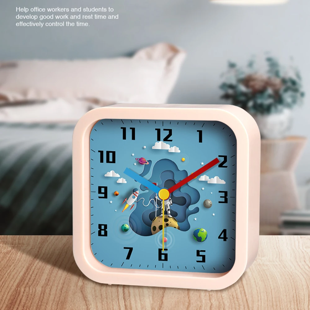 13CM Square Cartoon Alarm Clock Astronaut Planet Small Wake-up Children Desktop Clock Loudspeaker Mute Non Ticking Table Decor