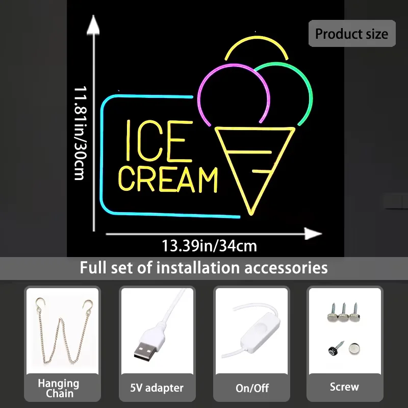 LED Neon Light Sign Ice Cream Neon Wall Lights for Coffee Dessert Shop Window Wall Decoration Reklama Led Neon Sign Light