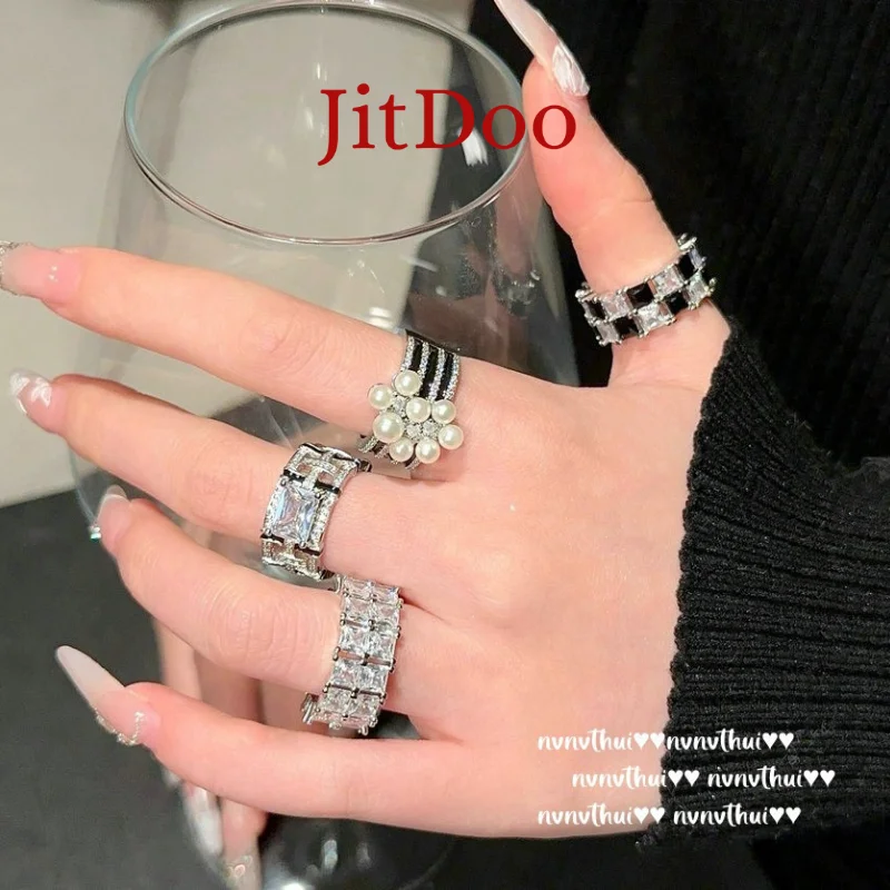 

JitDoo Black and White Zircon, Pearl Wedding Rings Set for Women Cocktail Party Fine Jewelry Anniversary Gift Accessories