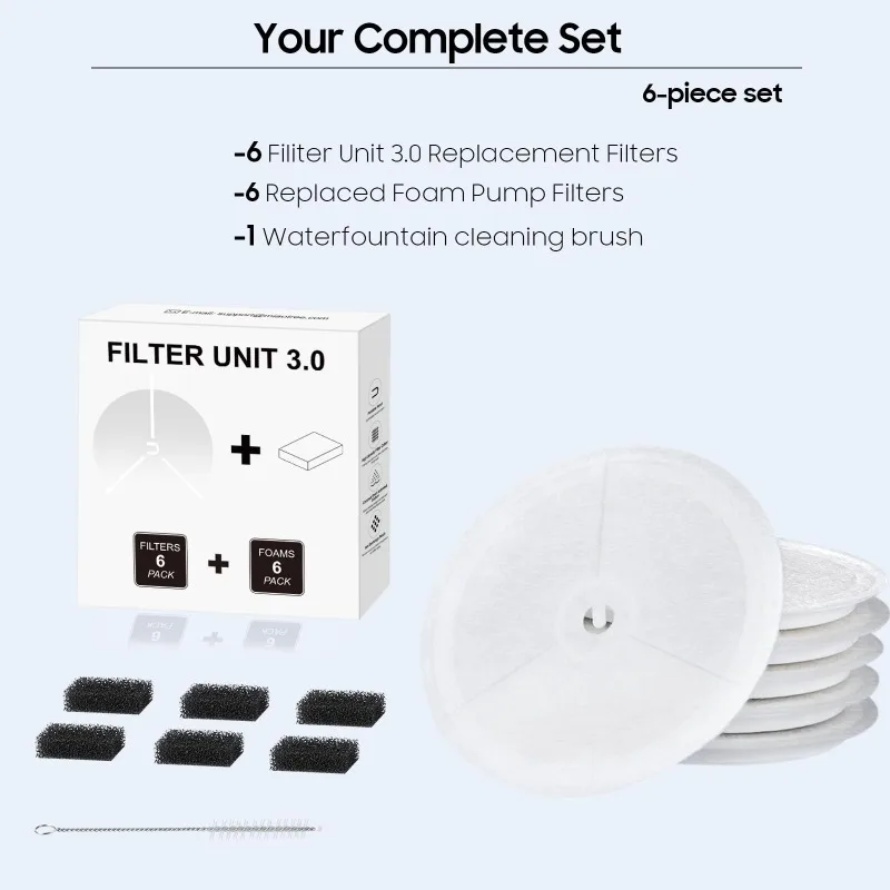 6 قطع وحدة تصفية مطورة 3.0 مرشحات نافورة الماء للحيوانات الأليفة والقطط مناسبة لـ Eversweet Solo 2/Solo SE,3 Pro/2S/3 مع 6 رغوة مضخات #4