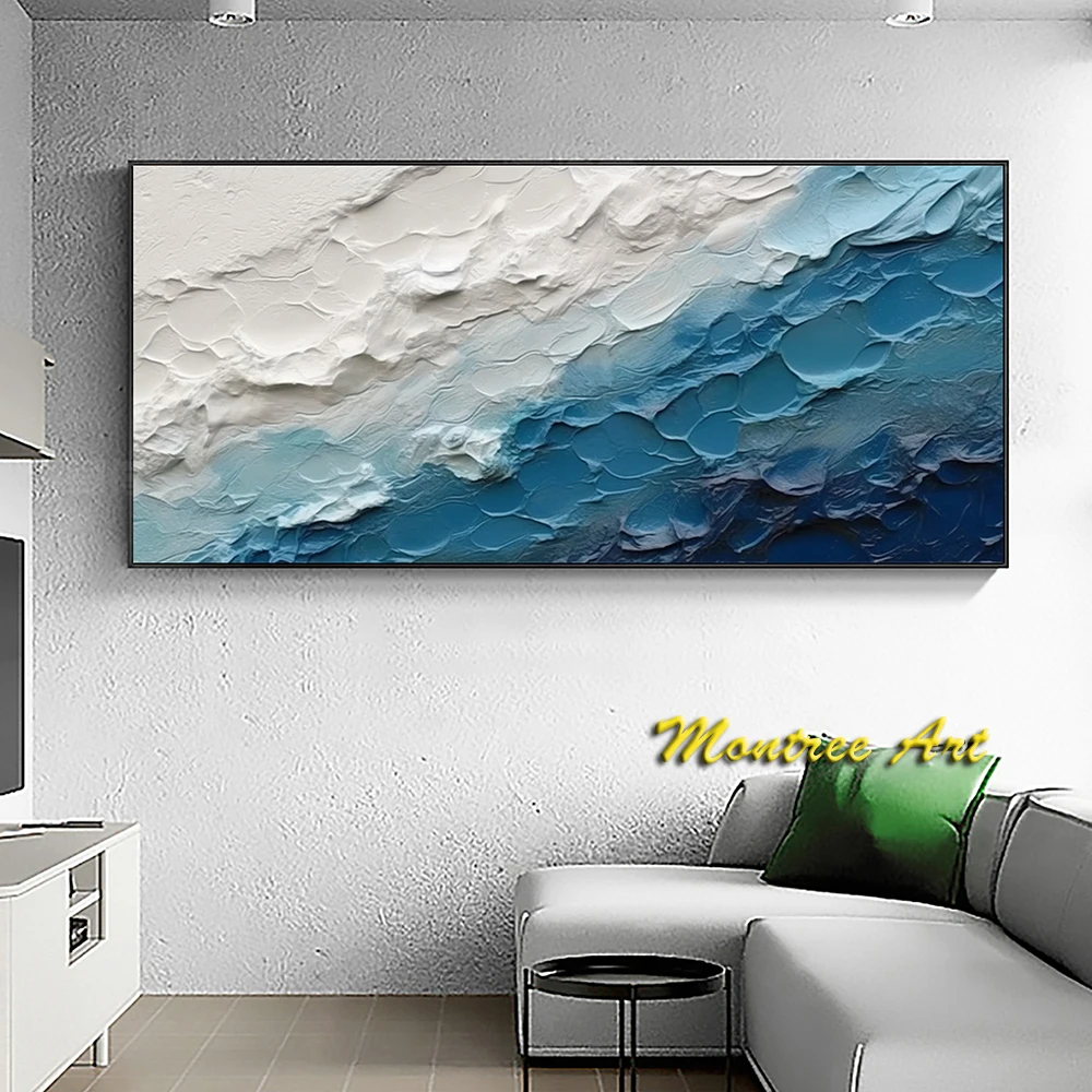 Hand Painted Oil Painting Abstract Minimalist Green Beach Painting on Canvas Original White Waves Painting Textured Wall Art