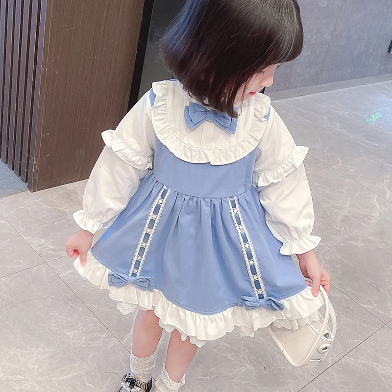 Spring Autumn  Toddler Girls\' Dress  Blue Bow Pleated Dresss Baby Girl A-line Skirt Princess Dress For Girls Ages 1 to 4