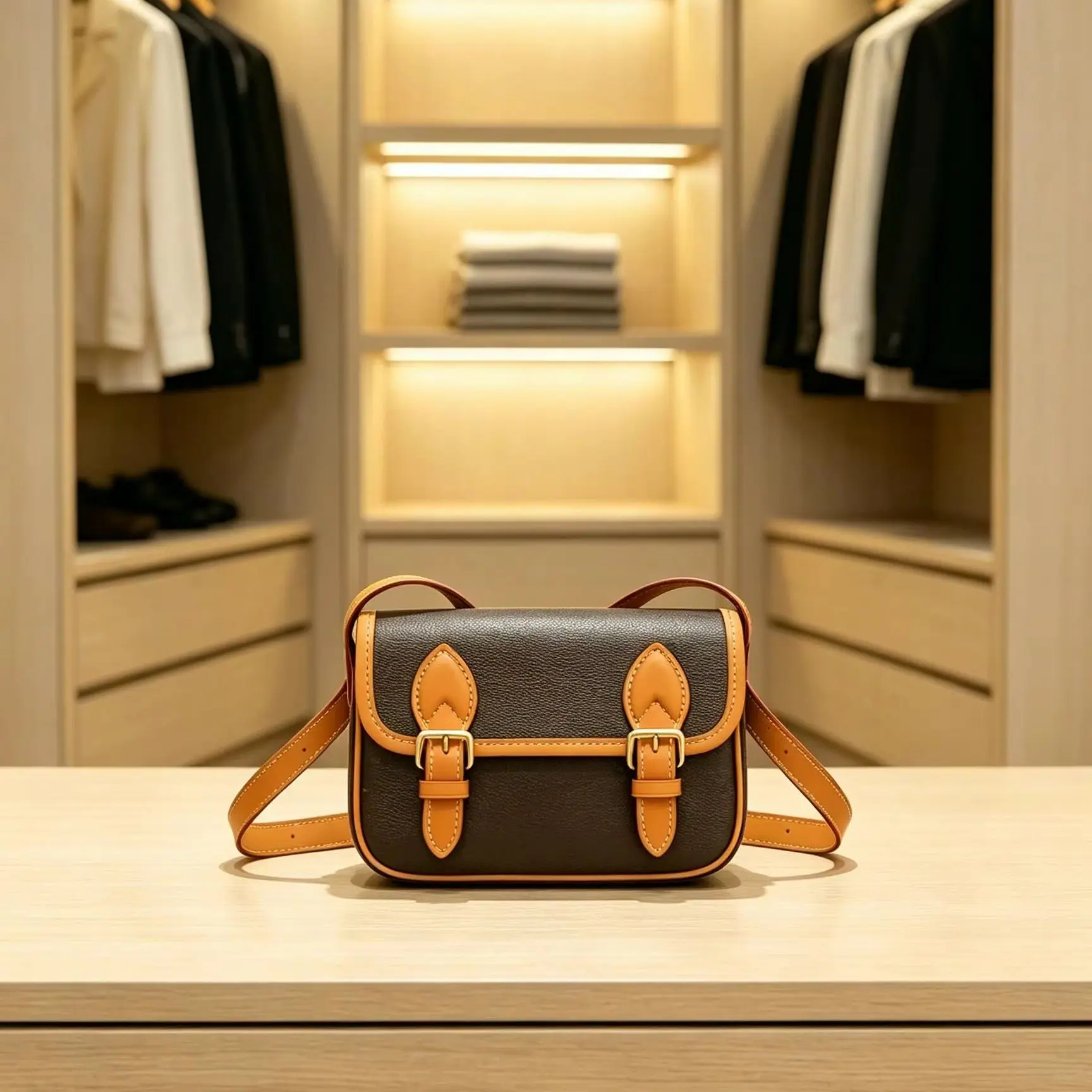 Vintage Two Tone Leather Flap Messenger Bag Retro Buckle Crossbody Shoulder Purse Ladies Square Saddle Bag
