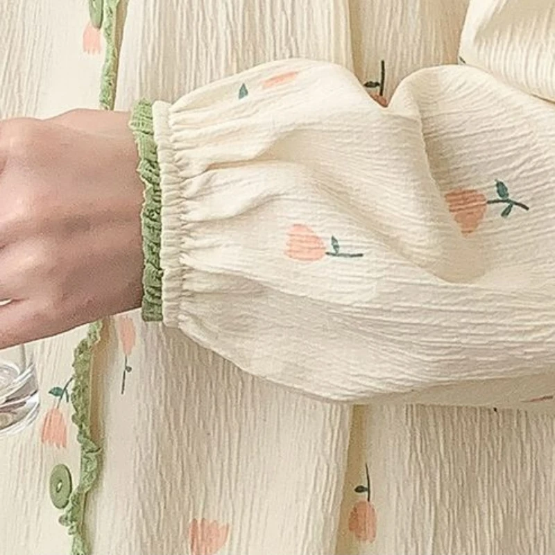 Floral Pajama Set 2024 Spring Autumn Student Long Sleeve Sweet Thin Sleepwear Women Large Size Casual Round Neck Homewear Suit