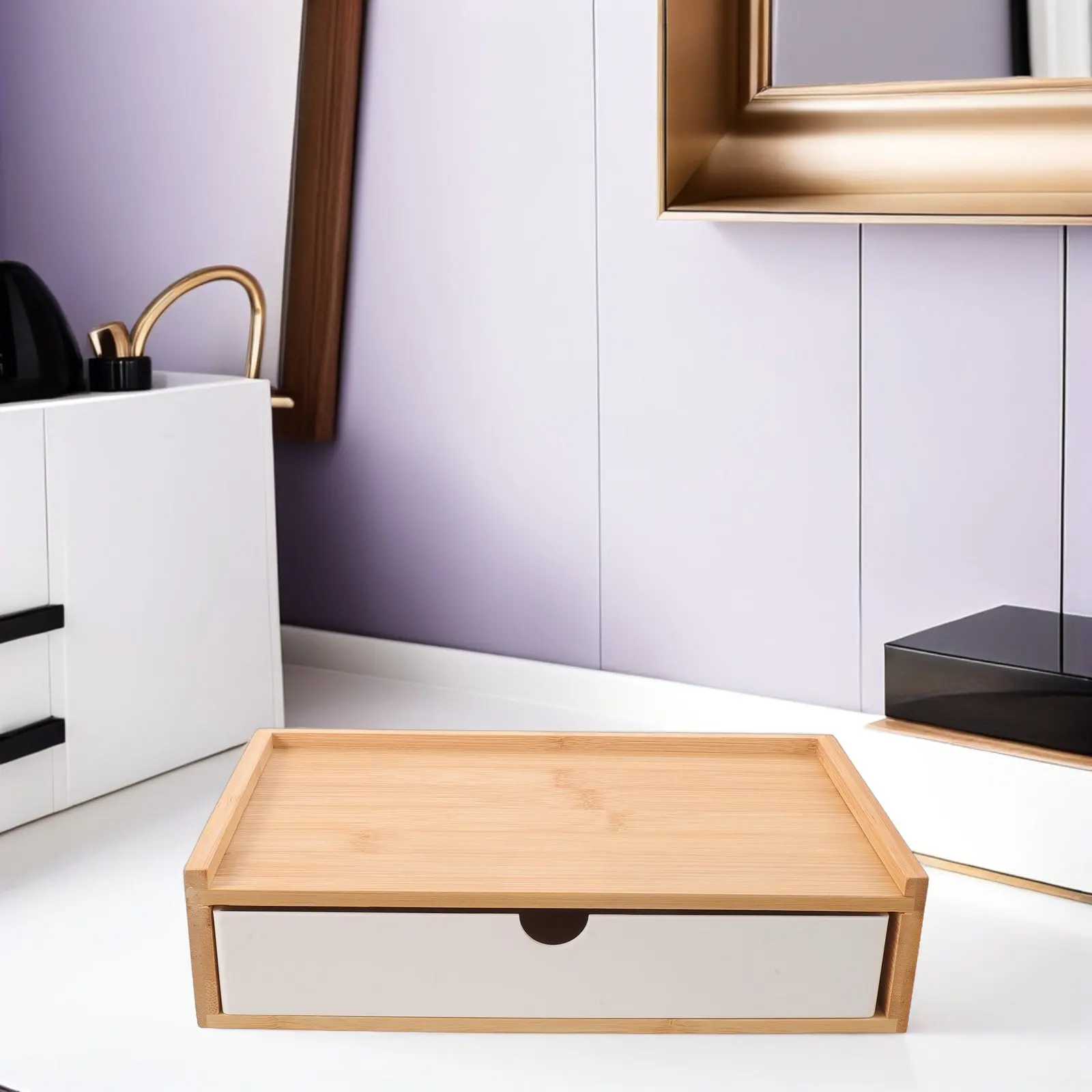 

Desk Organizer Box Bamboo Desktop Storage Cabinet White Minimalist Small Desktop Drawers Organizer Office Study Stationery