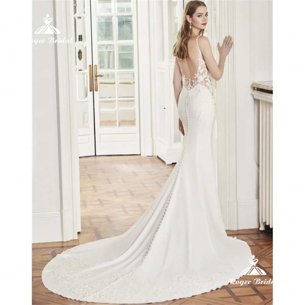 Roycebridal V넥 인어 웨딩 원피스, 2025 새틴 레이스 코트, 기차 웨딩 가운, 베스티도