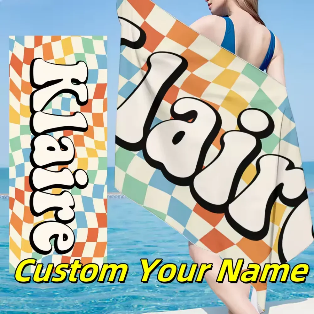 Custom Name Beach Towel Checkerboard Microfiber Bath Towel Personalized Quick-Drying Large Anti-Sand Absorbent Beach Towel
