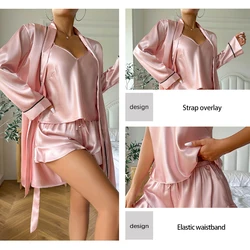 Women's Summer Sexy Ice Silk Suspender Three Piece Set Women's Pleated Solid Color Home Casual Pajama Set