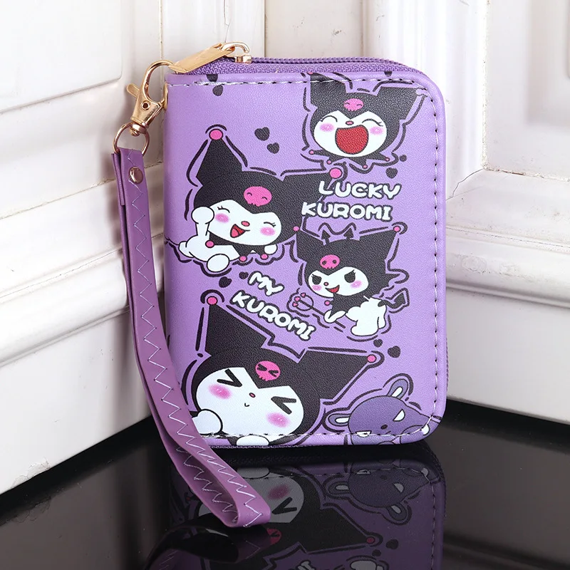 Kawaii Sanrio Kuromi Women Cute Small Short Wallets Wrist Strap Coin Purse Leather Multi Card Holder Zipper Money Clip Bag