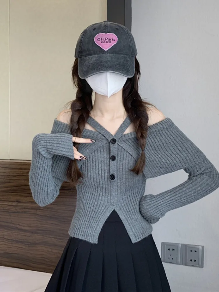 

Korean style spicy girl's off shoulder slim knit sweater women autumn and winter short style hanging neck long sleeved top