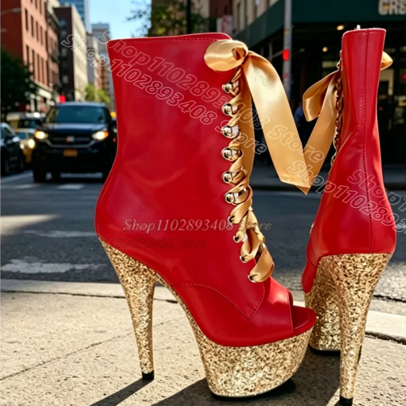 

Glitter Lace up Short Boots Leather Thin High Heels Performance Platform Casual Women Pole Dance Sexy Boots Zapatos Para Mujere