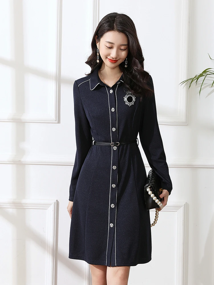 

Женское трикотажное платье Ele с завышенной талией, приталенное, темно-синее, миди, А-силуэт, с длинным рукавом и воротником