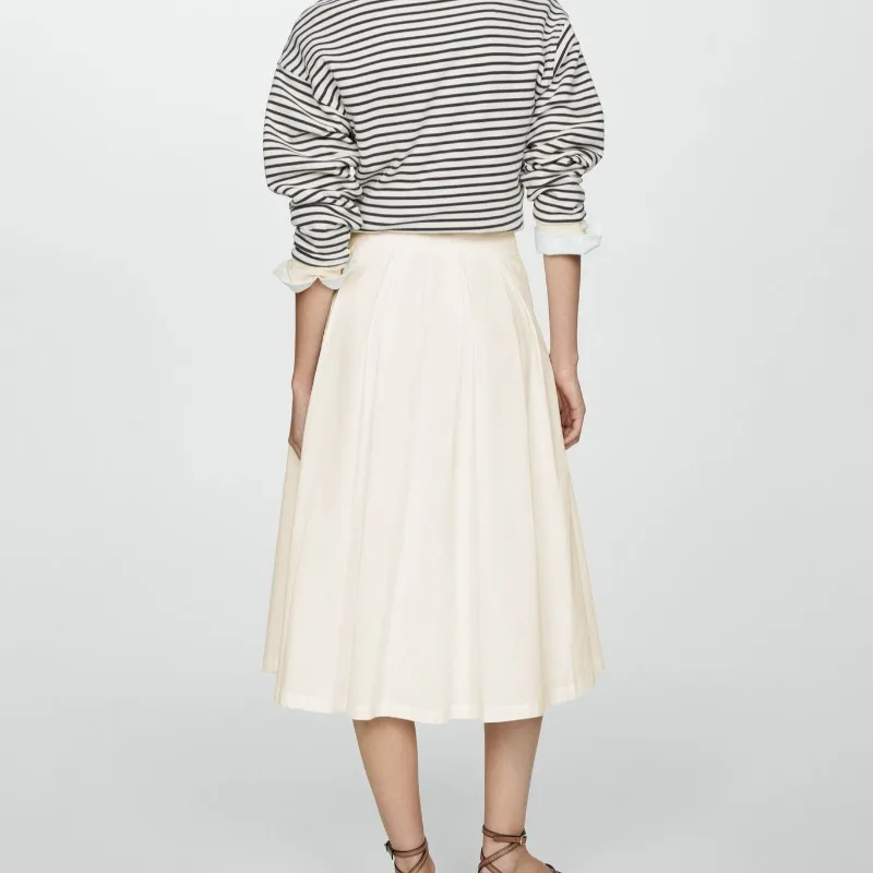 

Fall Winter Pleated Midi Skirt Women's High Waist Zip Front A Line Skirt Flowy Elegance European Minimalist Chic Knife Pleats