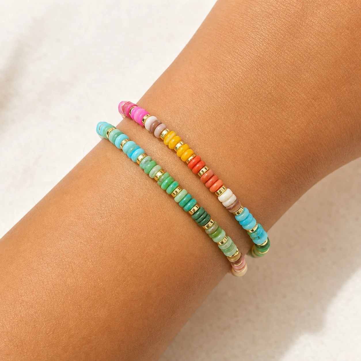 2pcs Colorful Round Stone Beaded Bracelet with Copper Accents for Women Trendy Stacking Poolside Beach Style