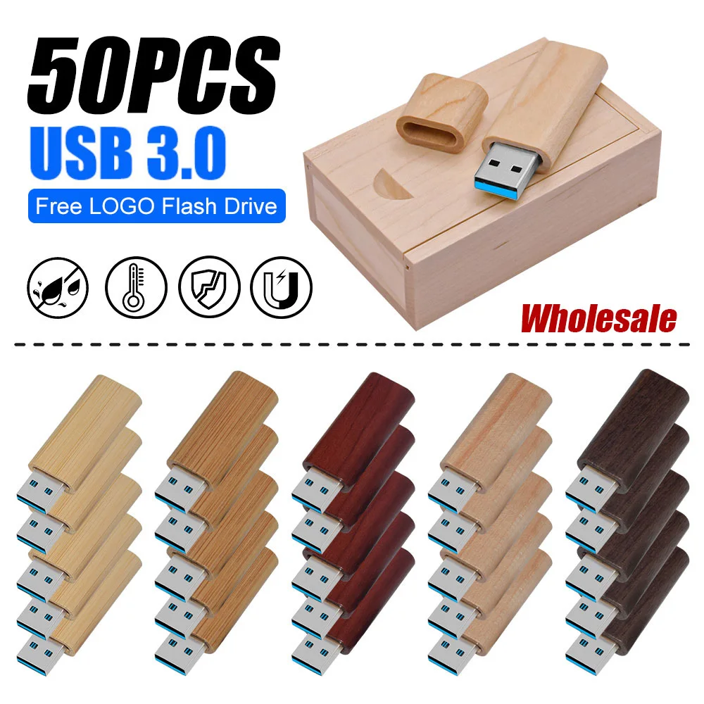 50PCS LOT Wooden with box High Speed USB 3.0 Flash Drives 128GB Free Logo Memory Stick 64GB Oval Pen Drive 32GB 16GB 8GB