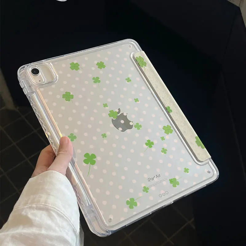 Polka dot four-leaf grass Folding Applicable iPad Pro2024 Protective Case Air 7 Transparent 11-inch MINI6 iPad Protective Case