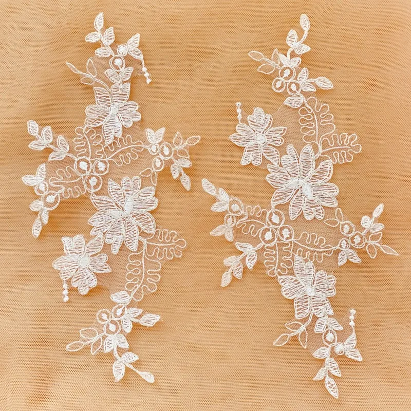 Silver Thread Lace Applique 2 Pieces Ivory White Bridal DIY Craft Embellishment