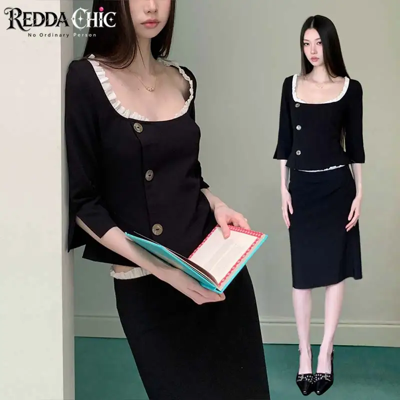ReddaChic Women Crop Top Skirt Suit Set Elegant Low Rise Midi Long Fishtail Skirt 3/4 Sleeve Square Neck Blouse Causal Costume