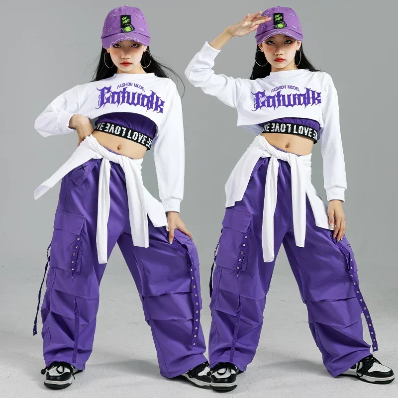 Tenues de danse de rue pour enfants, Streetwear pour enfants, ensembles de vêtements de Jazz de groupe, Hip Hop pour filles, mode K-pop, haut court, pantalon Cargo violet