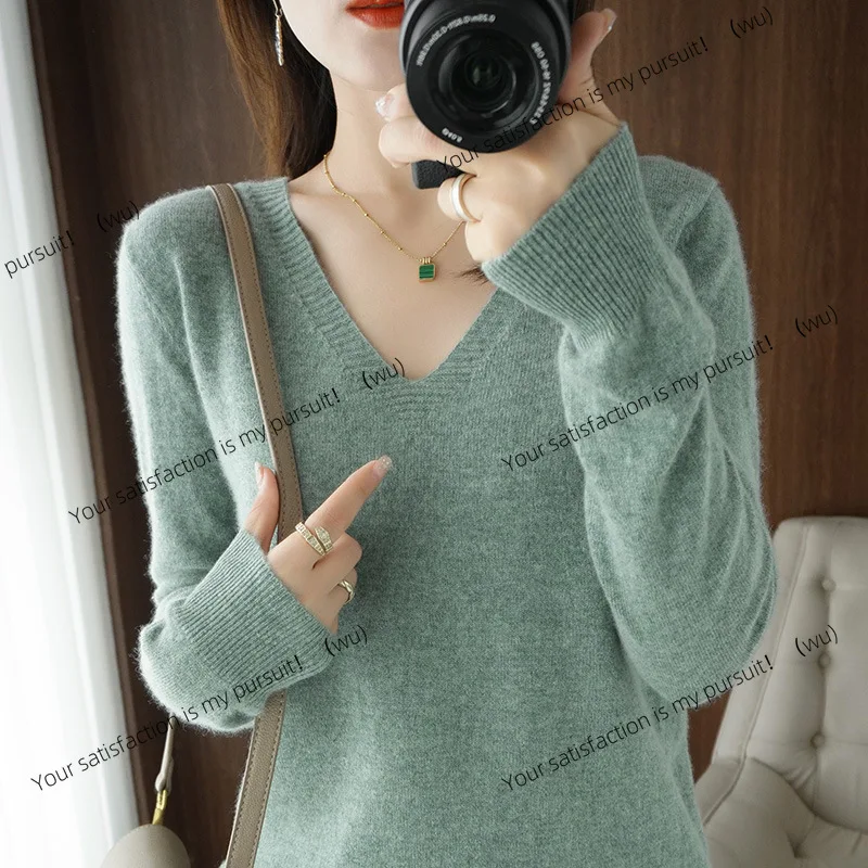 

Solid color V-neck knitted bottoming shirt pullover thin sweater thin foreign style inside