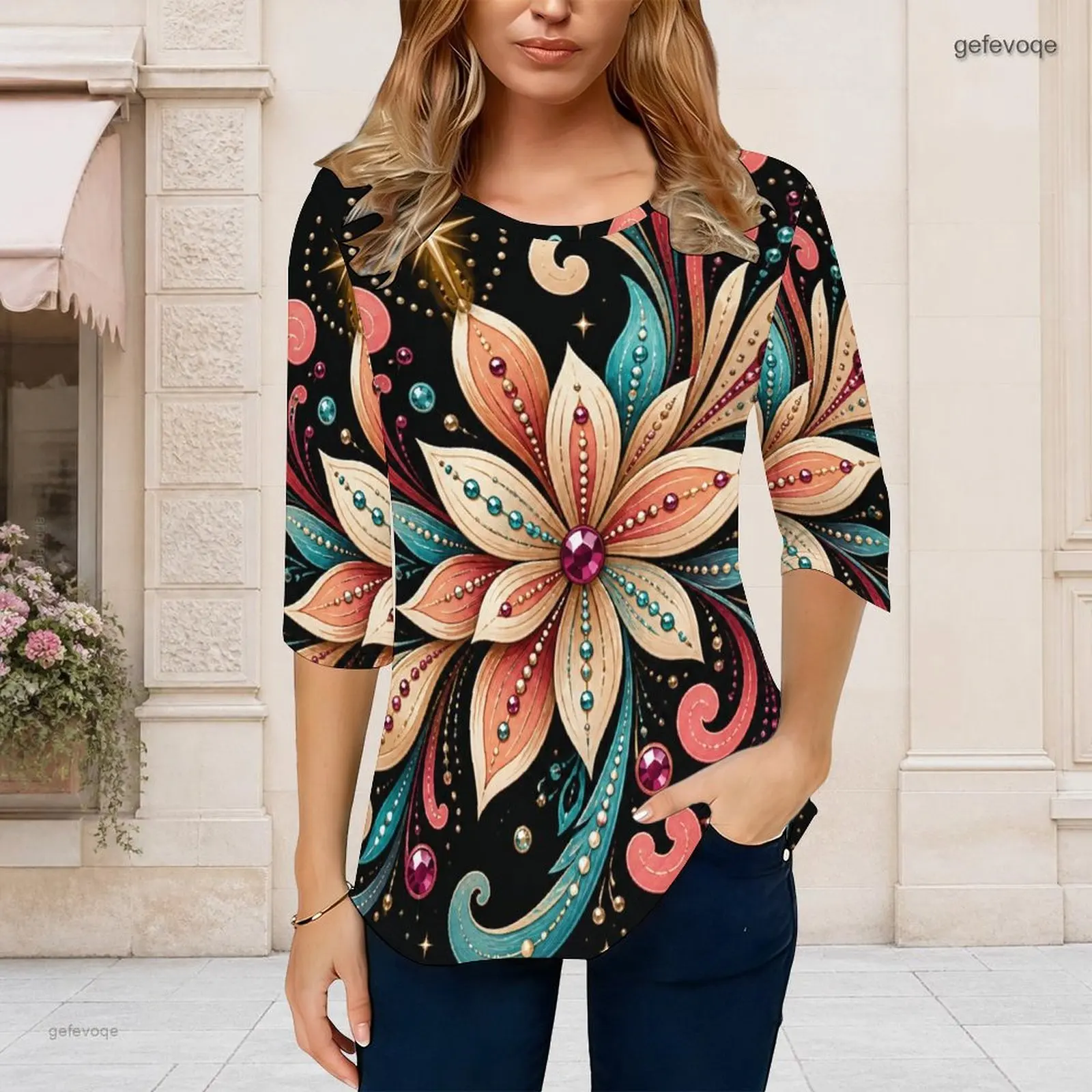 Women Round Neck 3/4 Sleeve Black Golden Swirl Geometric Printed Top