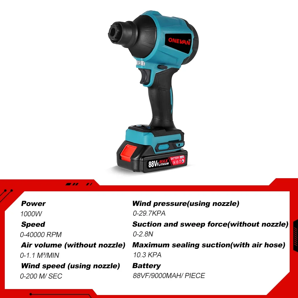 1000W 40000RPM Cordless Blower Inflator Vacuum Function 8 IN 1 Multifunction Rechargeable Dust Blower For Makita 18v Battery