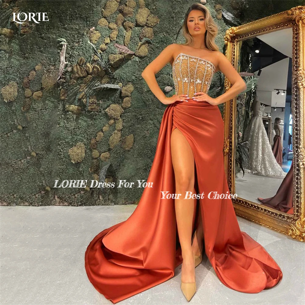 LORIE Luxury Crystals Evening Dresses Side Slit Mermaid Beadings Shiny Satin Formal Prom Dress Arabia 2022 Celebrity Party Gowns