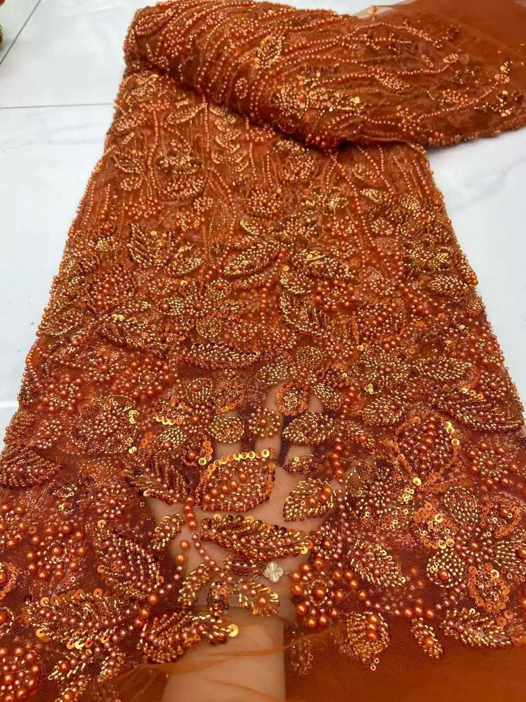 

Luxury Orange French Tulle Lace Fabric Luxuey Sequins Beads for Bridal Dress Nigerian Groom High Quality African Wedding Gown
