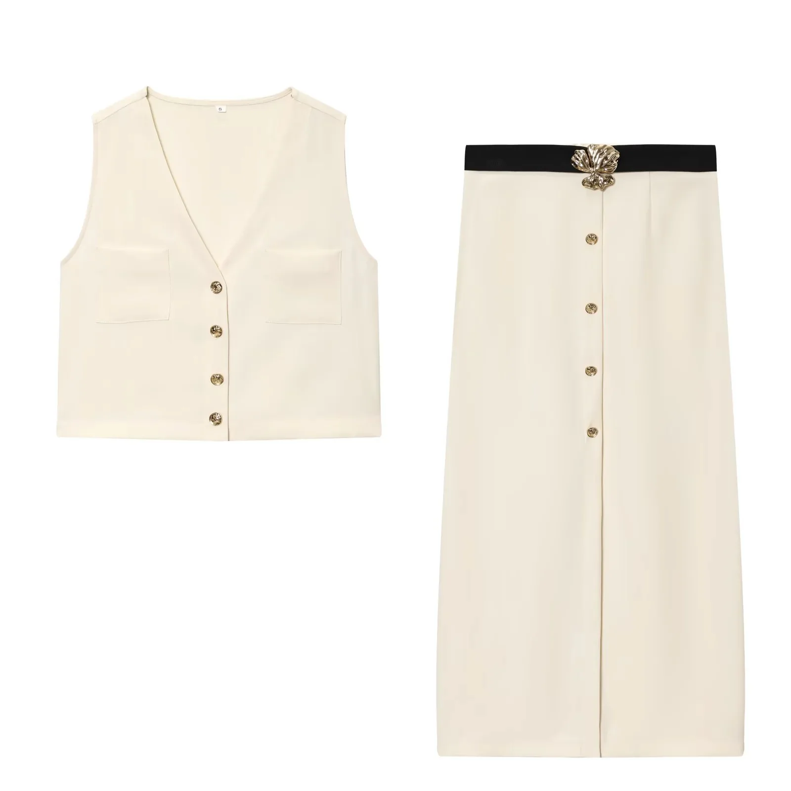 

Fashionable commuting elegant round neck thin crepe fan small suit short jacket high waist chic button slim skirt suit summer